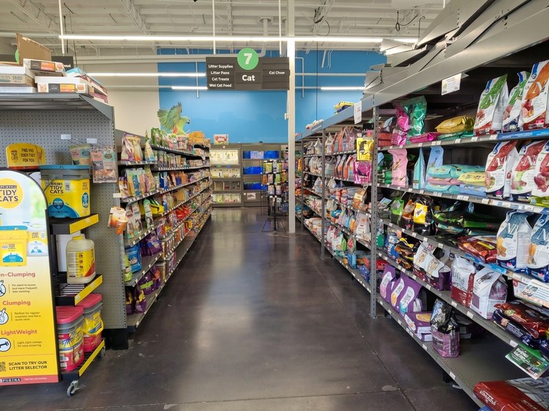 The cat aisle: clumping litter up front and cat food down both sides