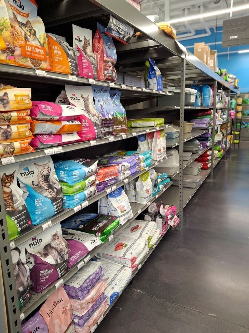 Nulo and other cat food bags packed down a long shelf